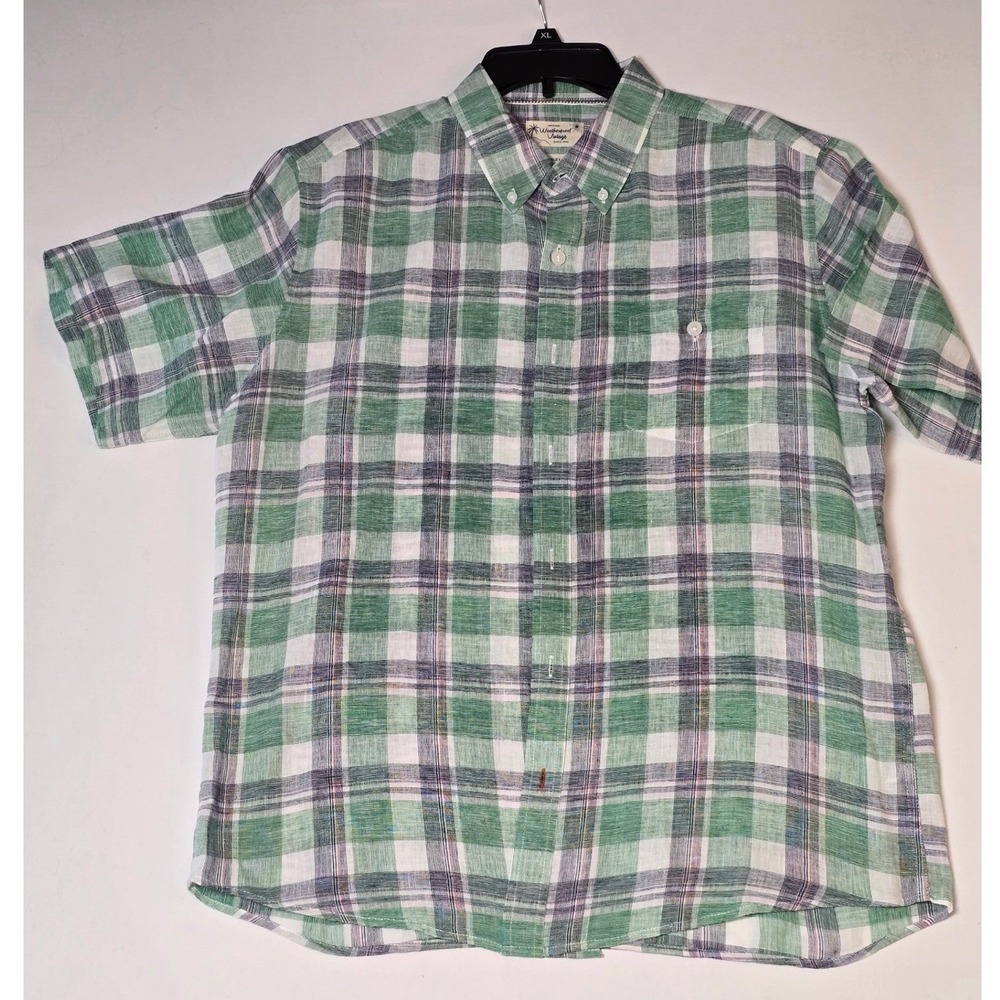 Weatherproof Vintage Mens Large Green Plaid Washable Linen Short Sleeve Shirt